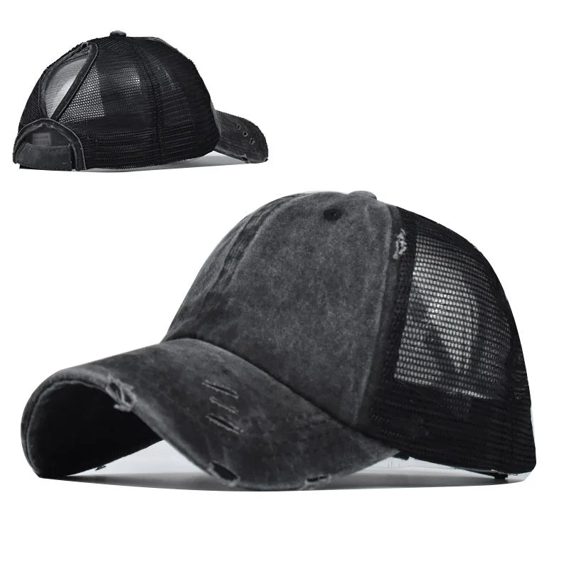 1pc Vintage Ponytail Mesh Baseball Cap,Adjustable Outdoor Sun Protection Washed Distress Trucker Hat,Suitable for Spring/Autumn