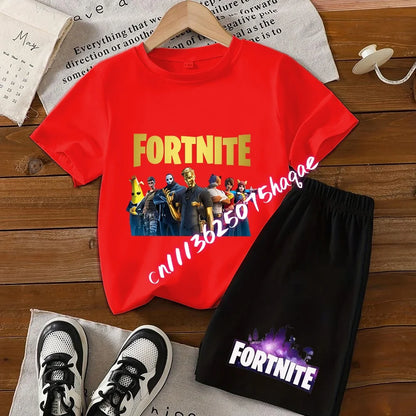 Conjunto infantil de verão Fortnite com t-shirt e calções anime, 2 peças, manga curta, algodão, casual, desportivo, presente