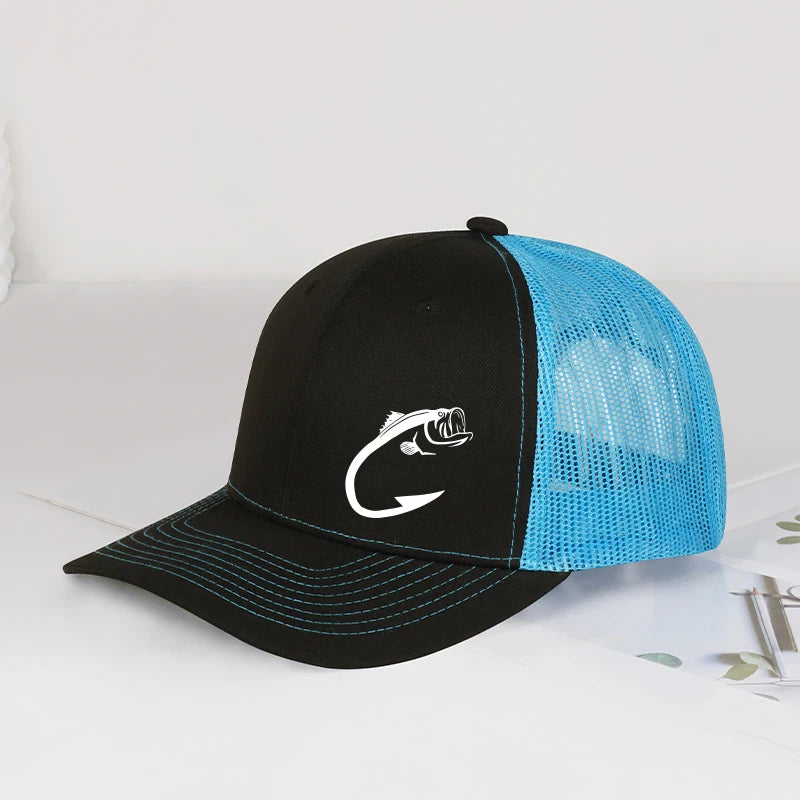 Trucker-Cap mit Bass-Fischhaken-Print, verstellbar, Unisex, Mesh, für Angelfans, Sonnenhut