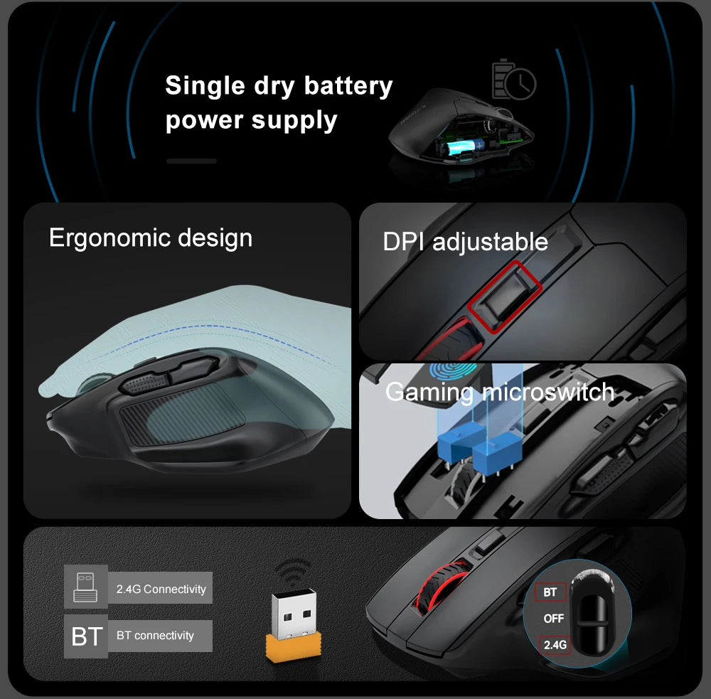 E-YOOSO X-31 Pro USB гейминг мишка с голяма опора, Bluetooth 2.4G безжична връзка, PAW3212, 4800 DPI, за геймъри, компютър, лаптоп и PC