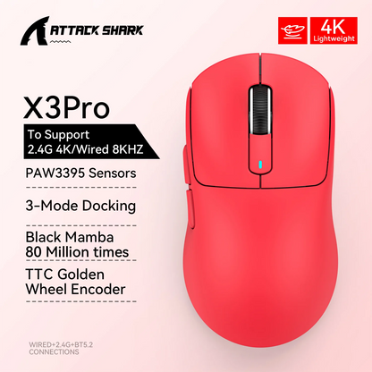 X3 vezeték nélküli gamer egér ATTACK SHARK, piros, 4K válaszidő, Bluetooth hárommódú kapcsolat, PAW3395, makrós Bluetooth gamer egér