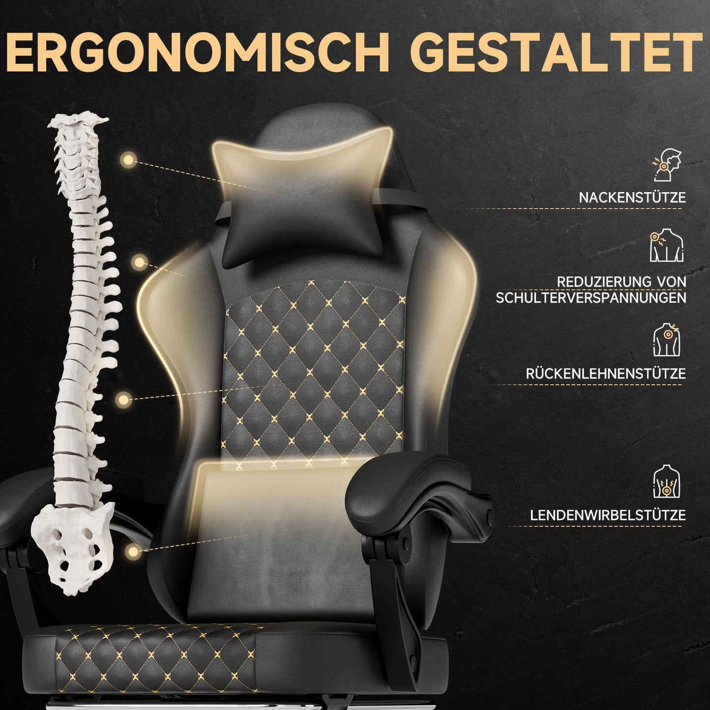 PINGGO Ergonomic Gaming Chair with Footrest Massage, PVC Leather PC Gaming Chair, Adjustable Reclining Office Chair with Lumbar Support