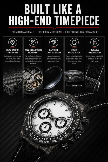 39mm Carbon Fiber Panda Chronograph Watch VK63 Quartz Sapphire Crystal Custom Logo Men's Sports Wristwatch