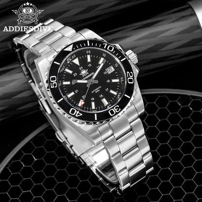 ADDIESDIVE Men's Diver's Watch 200m Sapphire Luminous Ceramic Bezel Men's Analog Mechanical Watch Stainless Steel Diving Watches