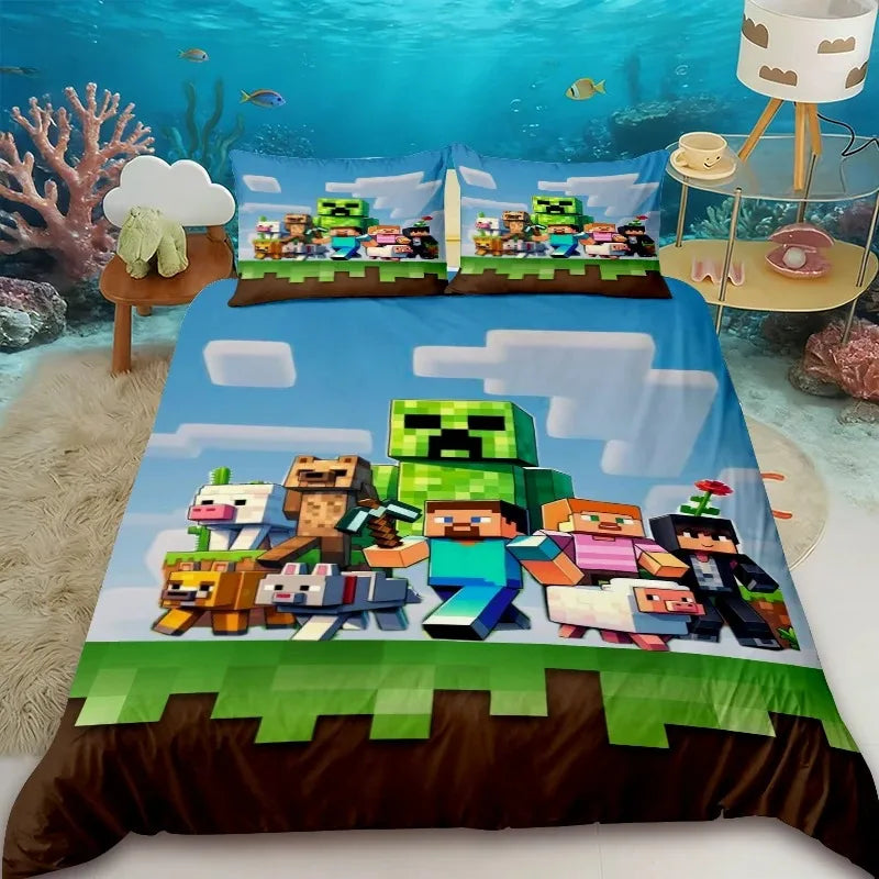 Funda nórdica infantil de dibujos animados Minecraft, juego de ropa de cama con funda de edredón, tamaños Queen, King y Full, con 1/2 fundas de almohada para dormitorio