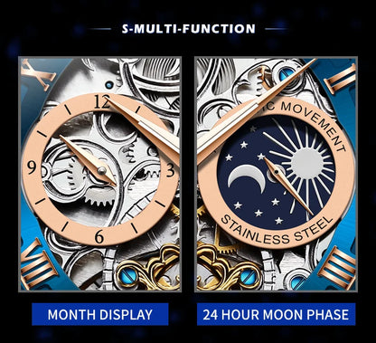 OLEVS Top Brand Men's Skeleton Mechanical Watch, Waterproof Leather Strap, Moon Phase, Automatic Tourbillon Wristwatch