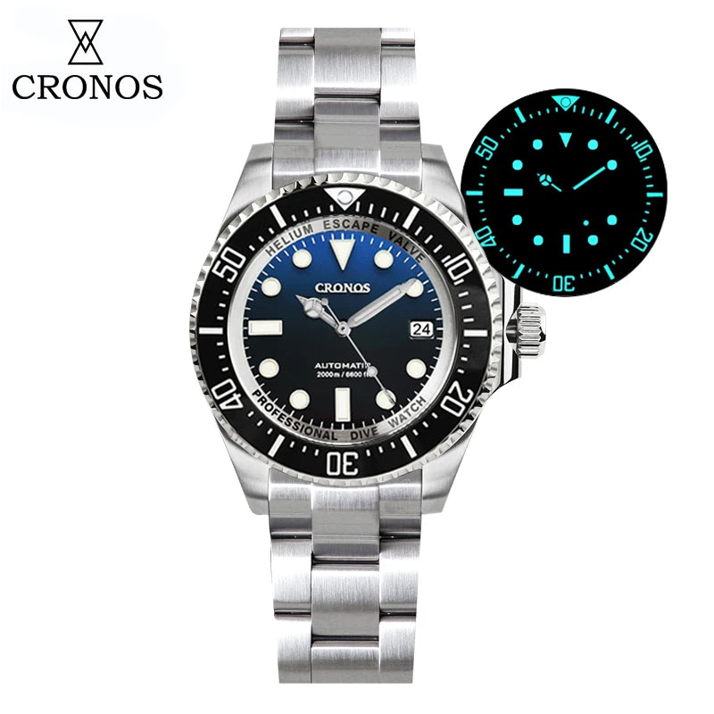 Cronos Automatic Diving Watch Stainless Steel 2000Meters Water Resistance Professional Diver PT5000 SW200 Miyota9015 90S5 L6027M