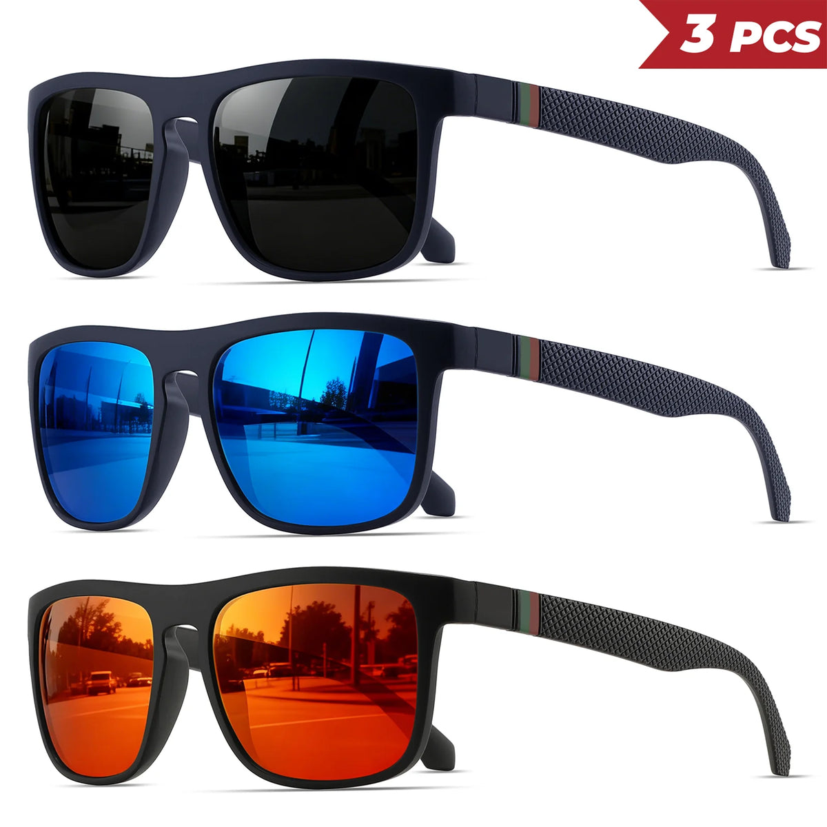 3 ks klasických retro polarizovaných čtvercových slunečních brýlí – červené/zelené pruhované stranice, UV400, unisex, pro každodenní nošení, outdoor, rybaření a řízení