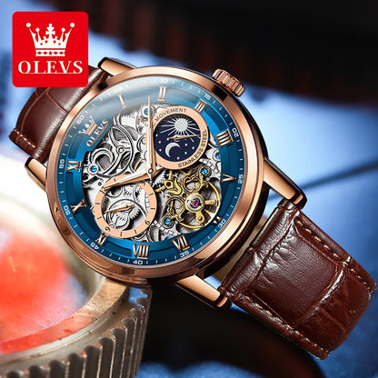 OLEVS Top Brand Men's Skeleton Mechanical Watch, Waterproof Leather Strap, Moon Phase, Automatic Tourbillon Wristwatch