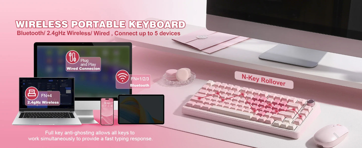 YUNZII B75 PRO Pink Mechanical Gaming Keyboard, Bluetooth/Wire/Wireless 75 Knob RGB Keyboard, Gasket Hot-Swap Custom Creamy Keeb