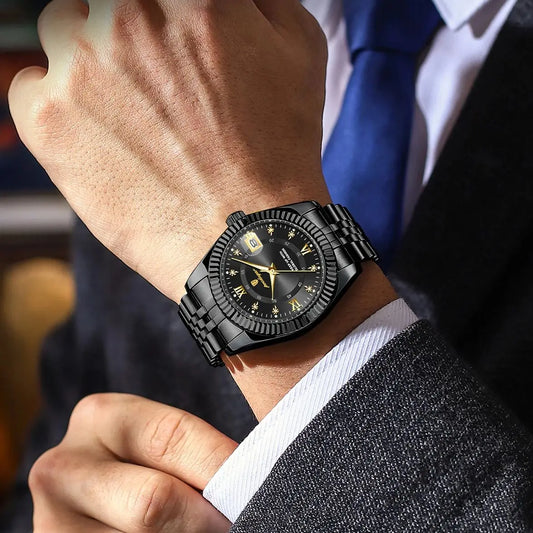 Мъжки часовник POEDAGAR – луксозен модел, водоустойчив, от неръждаема стомана, със светещ дисплей, военен стил, функция за дата, кварцов механизъм, идеален за работа или професионални поводи.