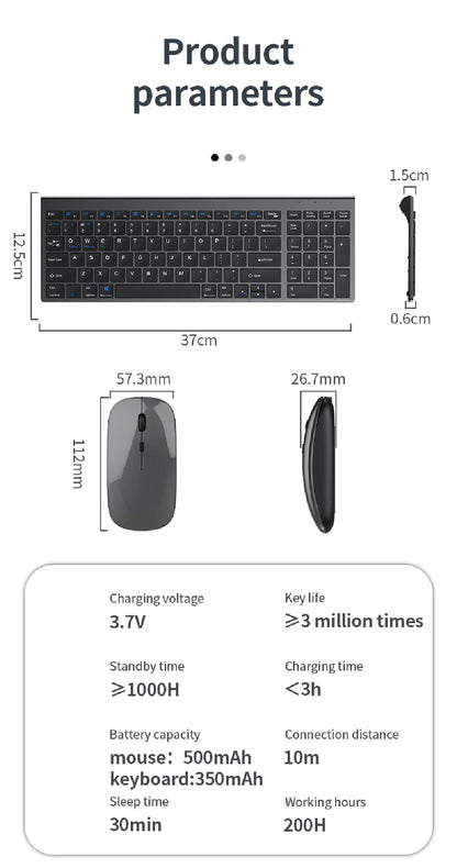 Set tastiera e mouse JOMAA Bluetooth & 2.4G USB per laptop, computer e iPad, combo tastiera e mouse wireless ricaricabili silenziosi