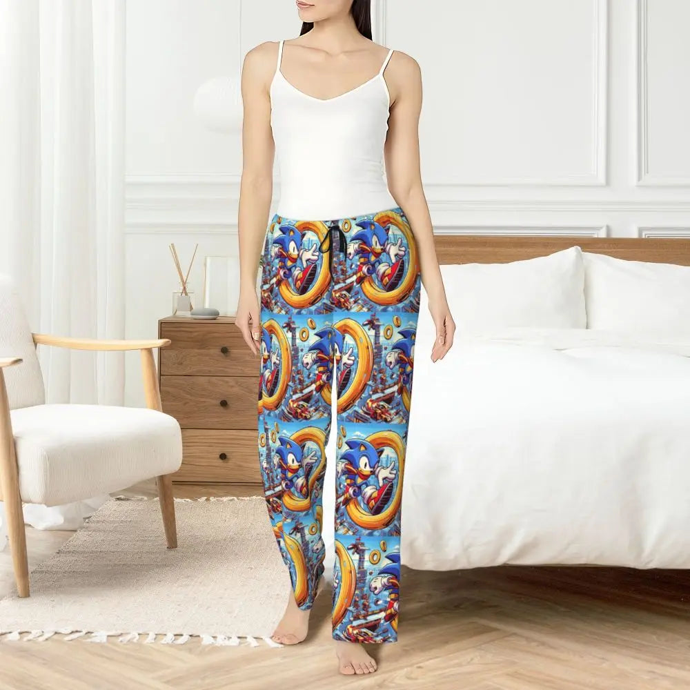 Custom Women Soniced Pajama Pants Printed Hedgehog Game Sleep Sleepwear Bottoms with Pockets