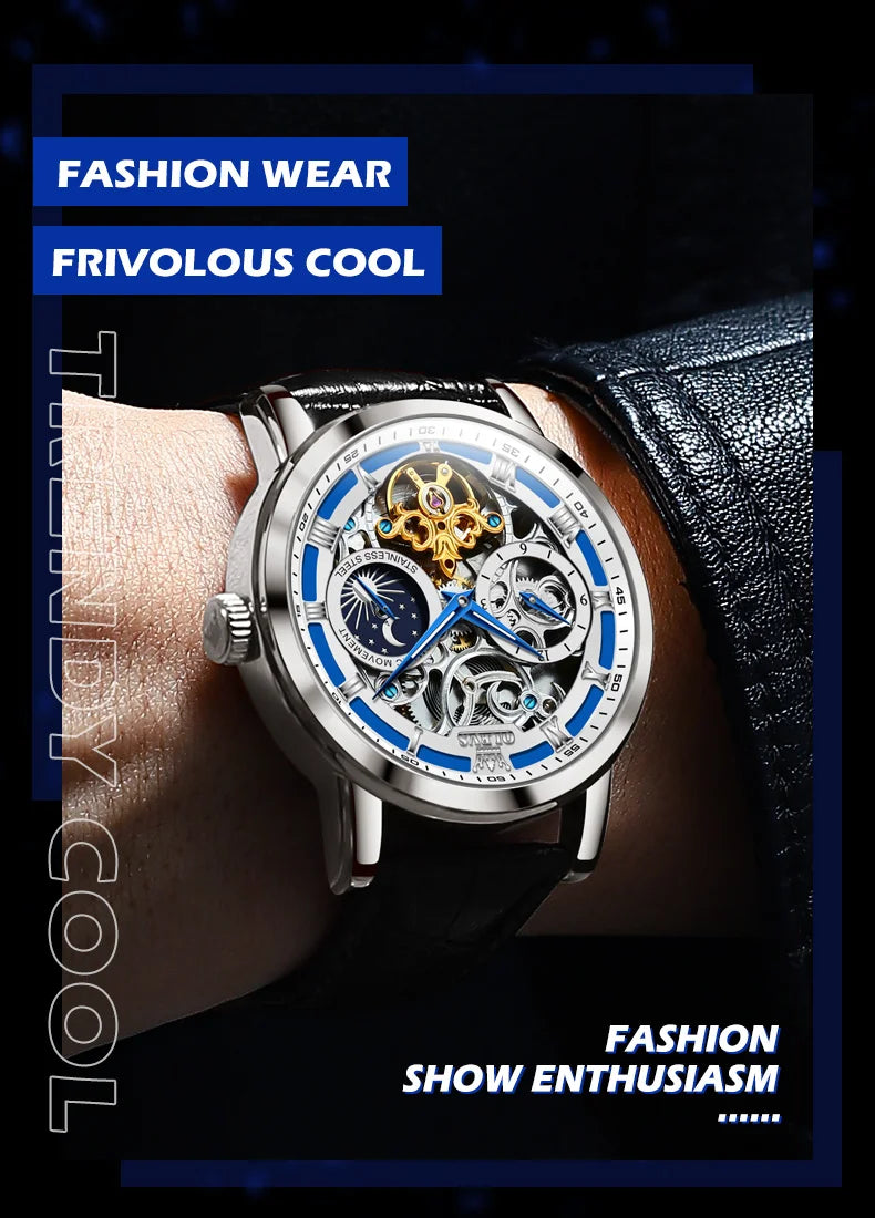 OLEVS Top Brand Men's Skeleton Mechanical Watch, Waterproof Leather Strap, Moon Phase, Automatic Tourbillon Wristwatch