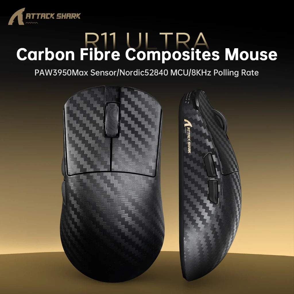 Attack Shark R11 Ultra 8K Carbon Fiber Gaming Mouse, PAW3950MAX, 49g Ultra-Lightweight, Wireless 8000Hz Polling,Tri-Mode