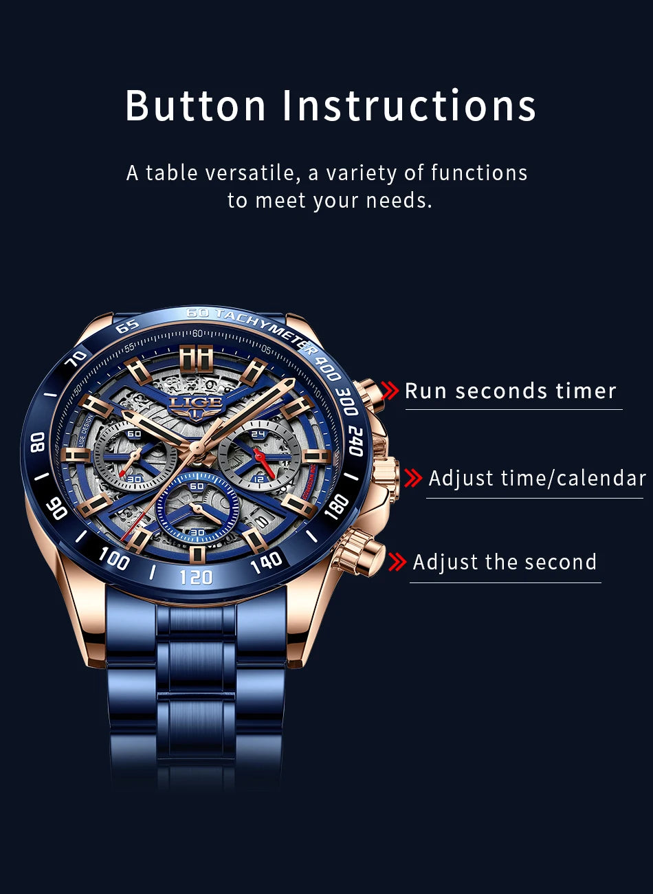LIGE 2024 New Men Watch Top Brand Luxury Hollow Watch Men Waterproof Sport Quartz Chronograph Wrist Watch Man Relogio Masculino