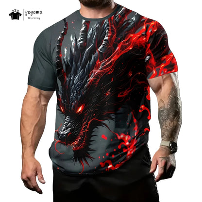 T-shirts för herr med drakmönster, kortärmad T-shirt, trendig streetwear-topp med O-ringning, djurmönster i 3D-tryck, lös och mångsidig herrklädsel