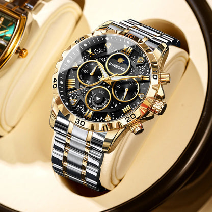 Relógio de Homem 2026 em Aço, Luxo Discreto, Business, Fase da Lua, Noite Estrelada, Luminoso, Resistente à Água, Quartzo, Presente de Moda Masculina