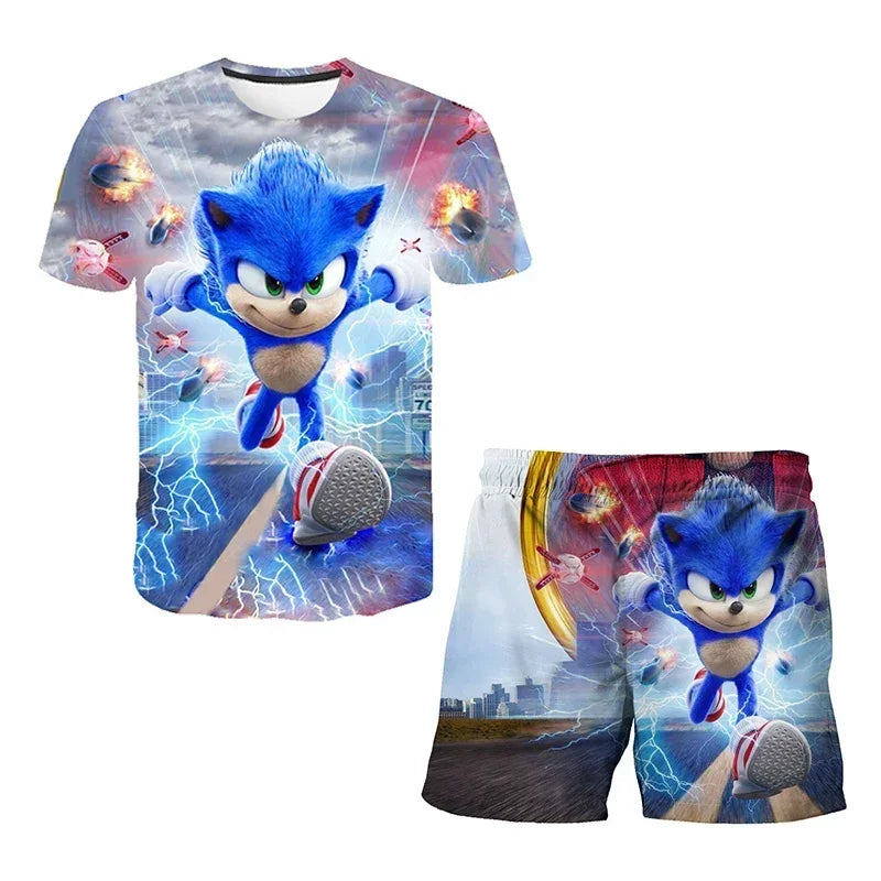 Sonic The Hedgehog Top Fashion 3D Anime Children's T-shirt Set Short Sleeve + Shorts Two-piece Set Girls Boys Cosplay Costume