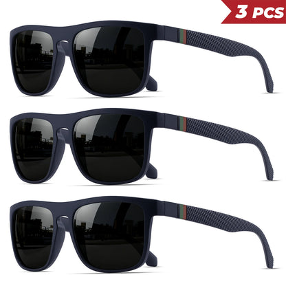 3 ks klasických retro polarizovaných čtvercových slunečních brýlí – červené/zelené pruhované stranice, UV400, unisex, pro každodenní nošení, outdoor, rybaření a řízení
