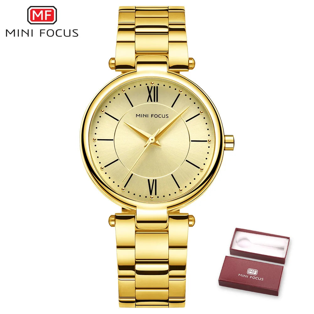 MINI FOCUS Stainless Steel Strap Watches for Women Waterproof Luxury Dress Quartz Wrist Watch Woman Lady Coffee Brown MF0189L