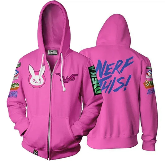 Sweatshirt com Capuz de Anime e Gaming com Impressão 3D Overwatches DVA DJ, Fato de Cosplay, Casaco com Capuz para Mulher, Homem e Casal, Top de Vestuário
