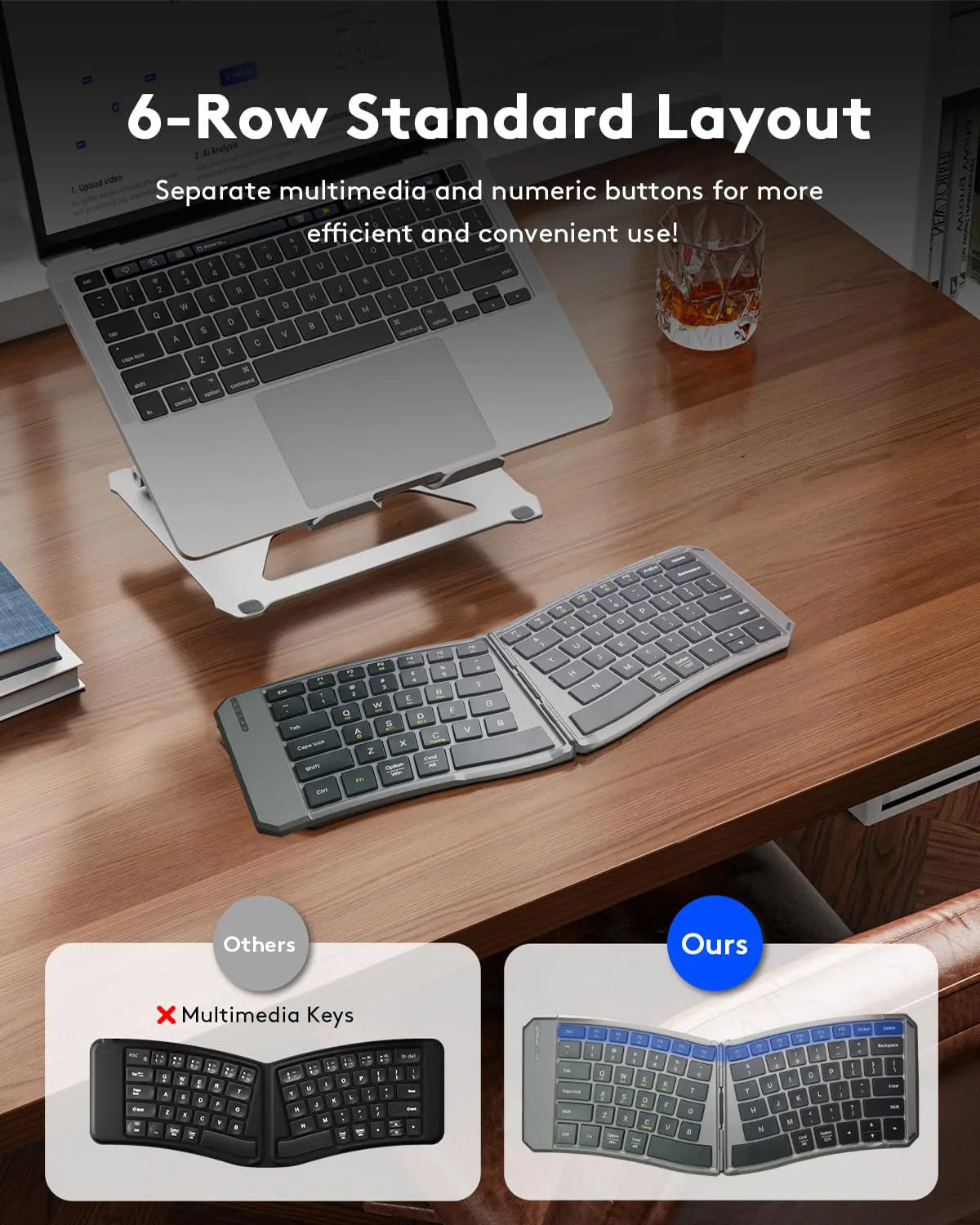 Tastiera Bluetooth ergonomica pieghevole, tastiera compatta divisa portatile per viaggi di lavoro, tastiera wireless pieghevole ricaricabile