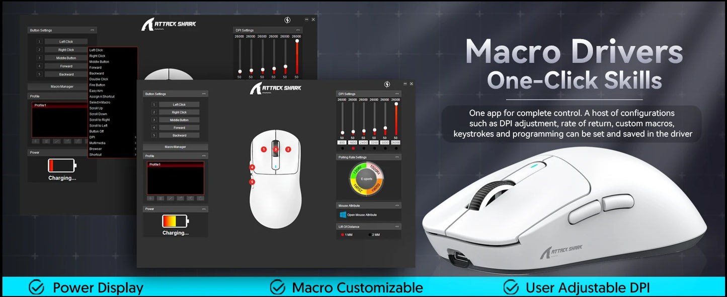 Mouse gaming wireless leggero ATTACK SHARK X3, 49g, tri-mode, sensore PAW3395 da 26K DPI, autonomia di 200h, 5 pulsanti programmabili
