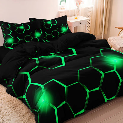 Conjunto de Capa de Edredão 3D Geométrica com Padrão Hexagonal em Favo de Mel, 3 Peças, Roupa de Cama em Poliéster Colorido com Impressão Digital e Fecho de Correr