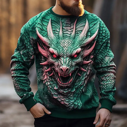 Huvtröja för herr med kinesiskt draktryck – moderiktig sweatshirt med 3D-drakmönster, hiphop, oversized pullover för herr, Monster Golf