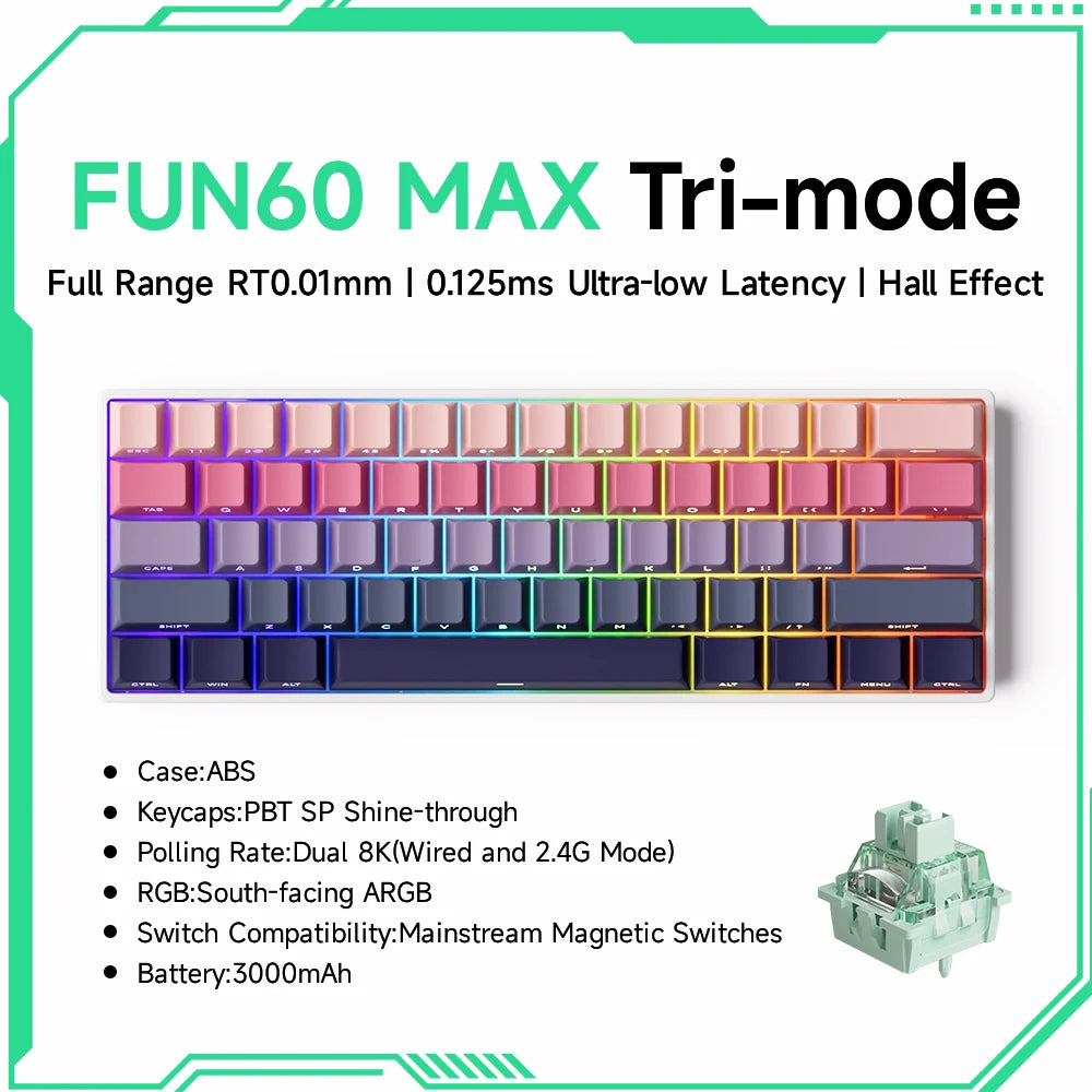 Teclado mecánico MONSGEEK FUN60 PRO&MAX HE con interruptores magnéticos, teclado gaming inalámbrico 60%, Rapid Trigger 8K ARGB personalizable