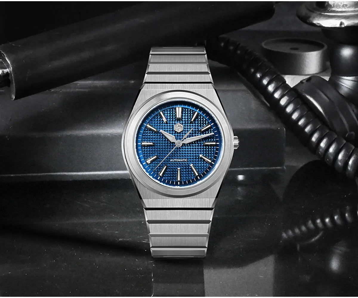 San Martin 39mm Luxury Men Sports Watch Waffle Dial Integrated Bracelet Miyota 90S5 Automatic Mechanical Clear Caseback SN0152