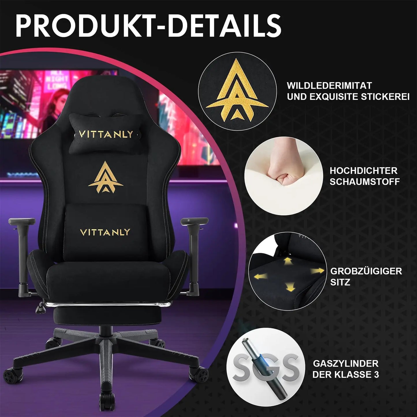 Vittanly Gaming Chair Ergonomic Office Chair with Footrest, Breathable Fabric Adjustable Rotating Computer Chair with 3D Armrests for Gaming & Work