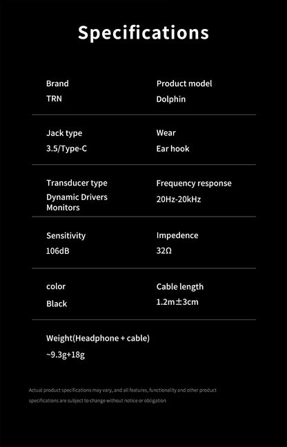 TRN Dolphin headphone10mm dual magnetic circuit dynamic driver Liquid metal Earphone