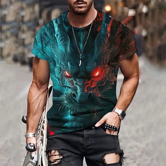 T-shirt nova de verão para homem com gola redonda, estampado 3D de dragão mágico em chamas, casual, respirável, leve, versátil e de manga curta