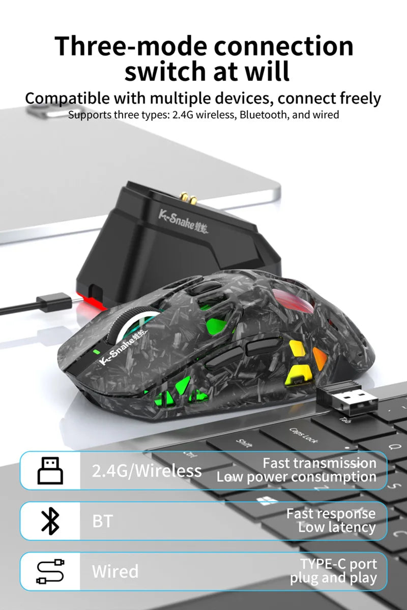 Ľahká herná myš Lenovo Tri-Mode s RGB nabíjacím dokom, 12000DPI, 2.4G/Bluetooth/káblové pripojenie, ergonomická myš pre PC a notebook