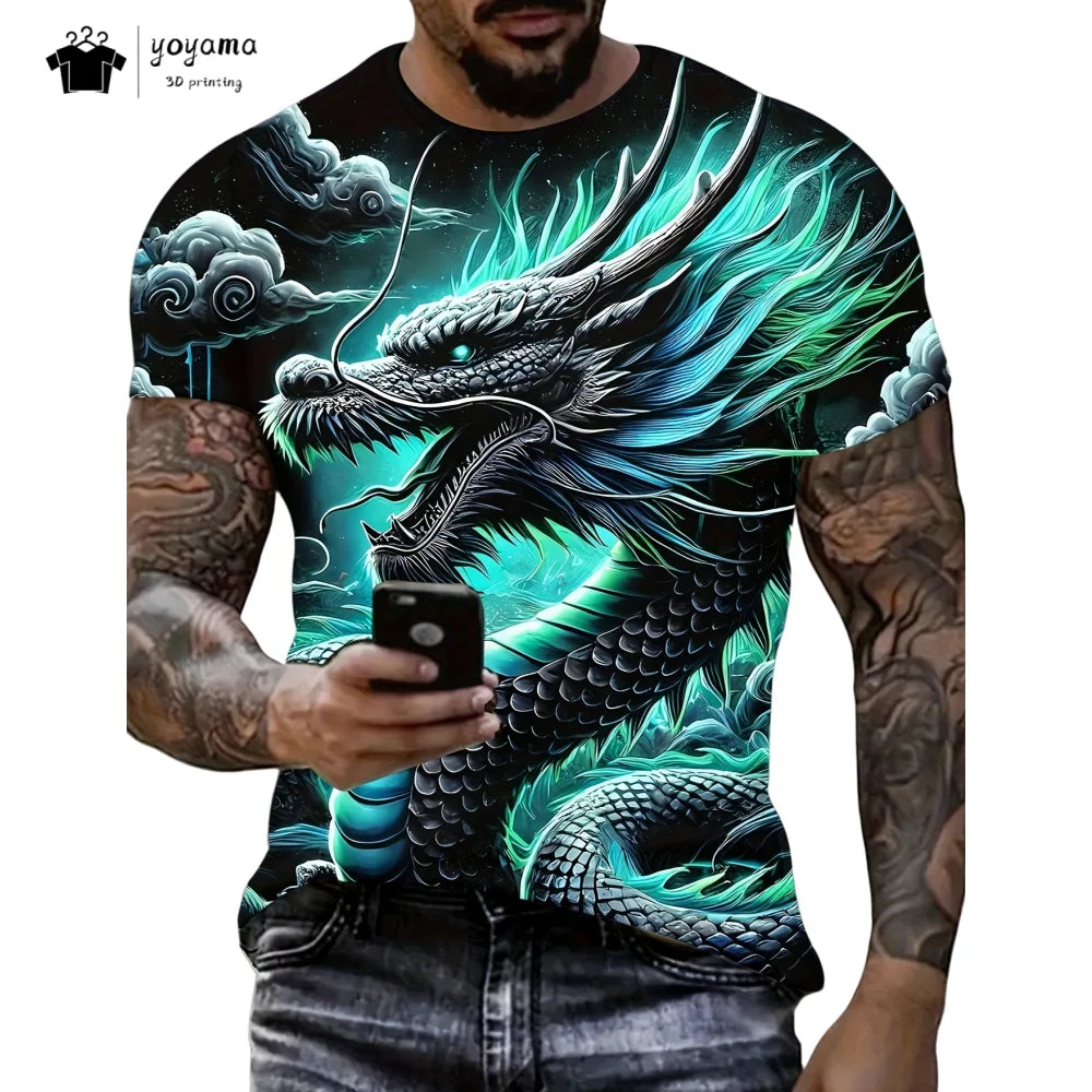 T-shirts för herr med drakmönster, kortärmad T-shirt, trendig streetwear-topp med O-ringning, djurmönster i 3D-tryck, lös och mångsidig herrklädsel