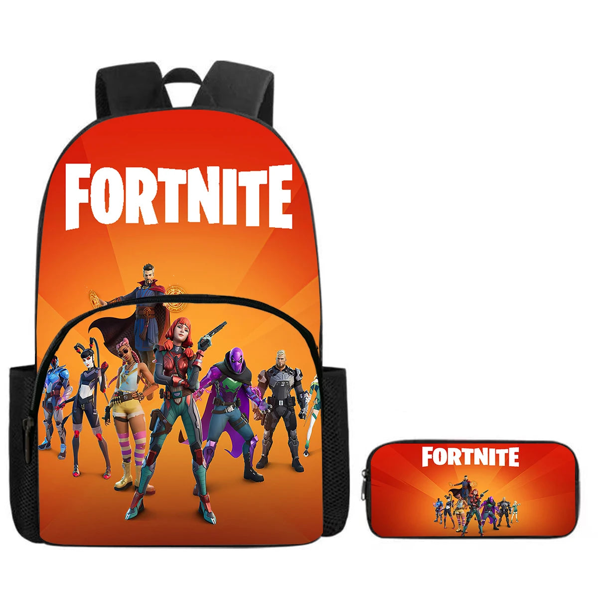 Fortnite Cartoon Backpack w/ Front Pocket & Pencil Case 2PCS - School Set for Boys Girls Age 5-8, Back to School Gift