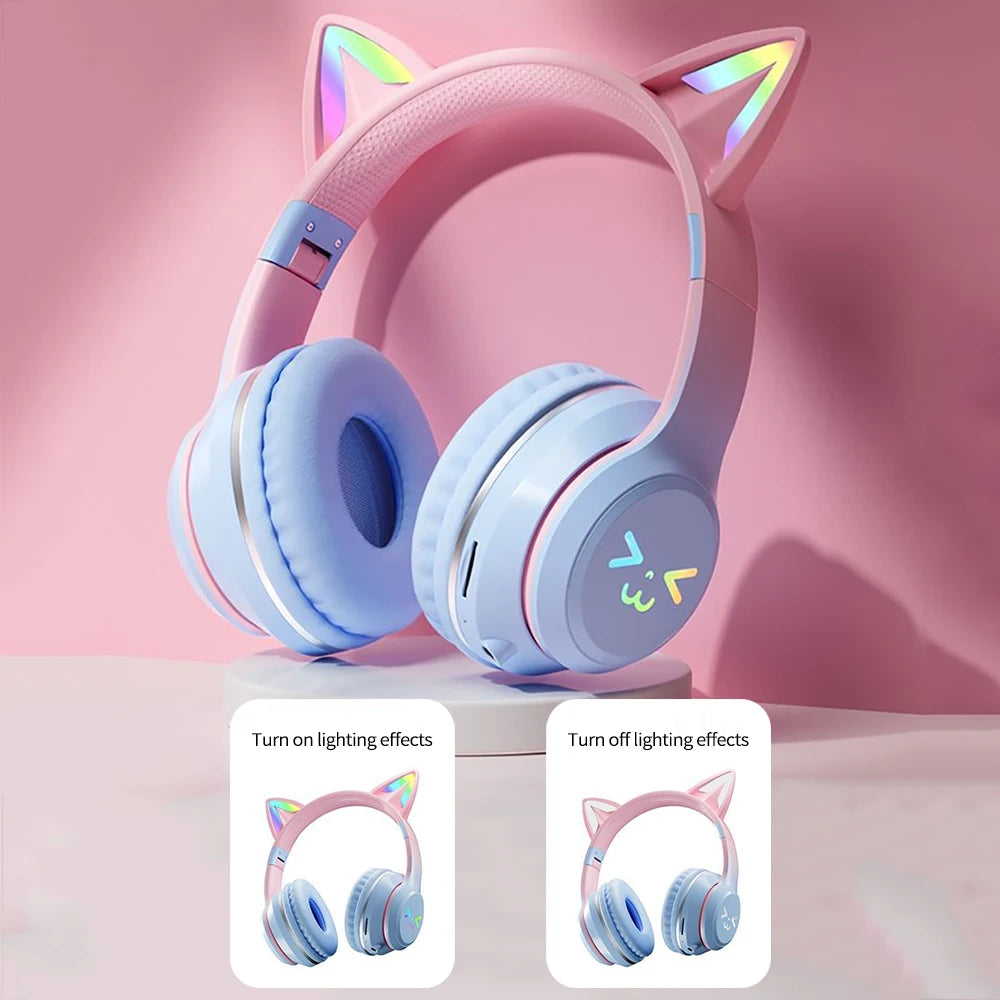RGB Cat Ear Wireless Bluetooth Headphones for Kids & Girls – LED Light Stereo Gaming Headset with Microphone