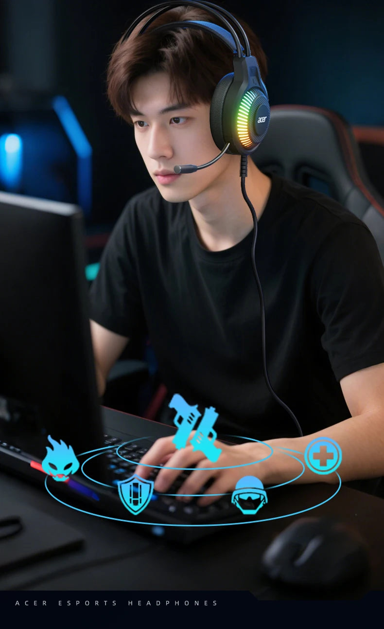 Auriculares Gaming com Fio RGB e Microfone – Headset Gaming com Som Surround de Baixa Latência, Iluminação RGB Elegante, Isolamento de Ruído e Ajuste Confortável