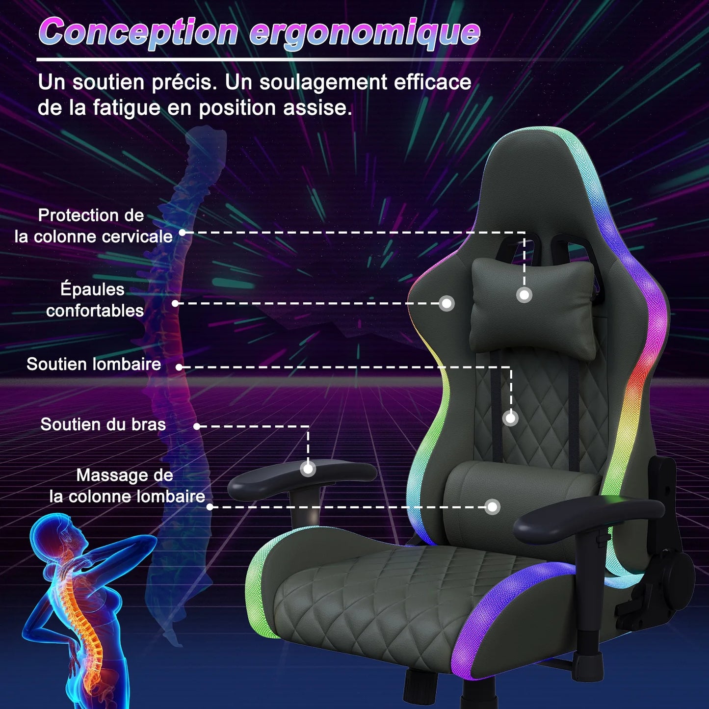 LED Gaming Chair Ergonomic PU Leather Office Chair with Adjustable Backrest, Lumbar Support Pillow, Footrest & RGB Lights