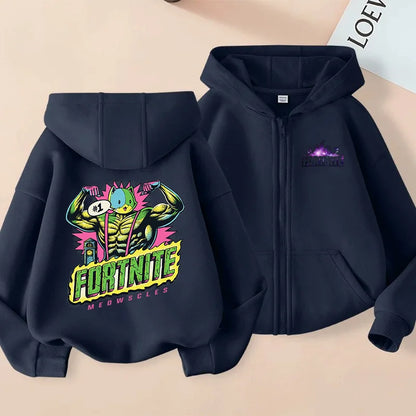 Casaco com capuz infantil Fortnite de outono, com fecho, estampado com personagem de jogo em estilo cartoon, casaco de inverno para criança, roupa para menino