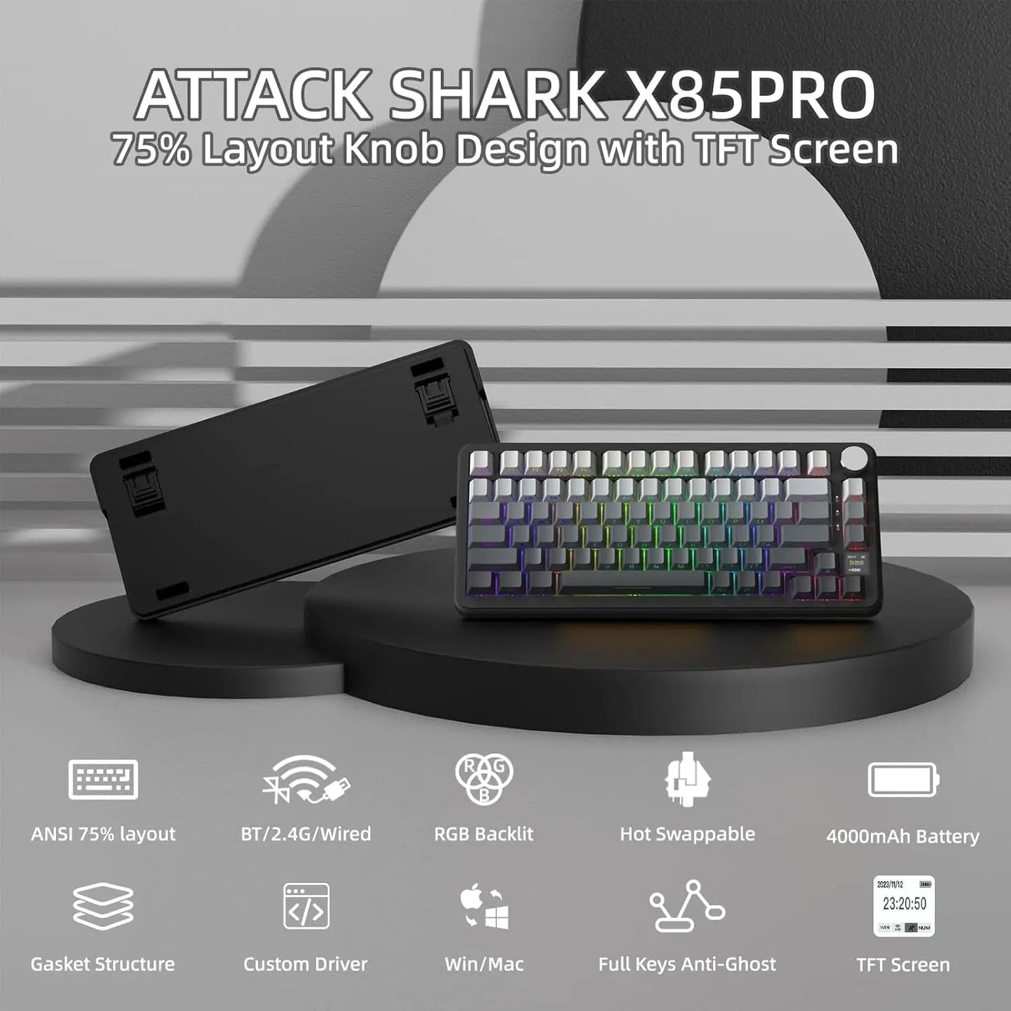 ATTACK SHARK X85 Pro 75% Mechanical Keyboard Wireless RGB Gaming Keyboard with Display Screen, Knob Control, Hot Swappable Gasket Mount, Bluetooth, 2.4GHz & Wired