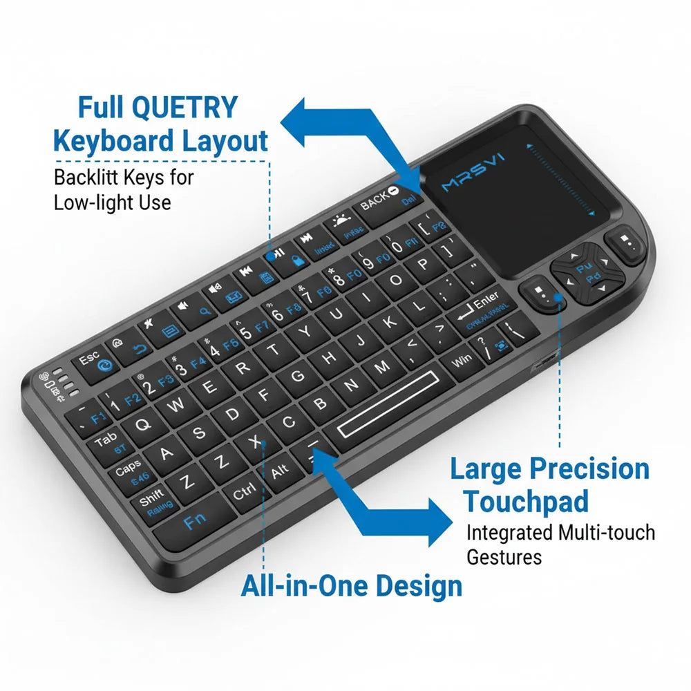 MRSVI Mini Keyboard A8 PLUS, teclado inalámbrico retroiluminado 2.4GHz y Bluetooth5.0 con panel táctil para Android TV Box, Mac, portátil, Windows