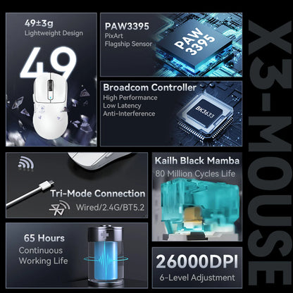 X3 vezeték nélküli gamer egér ATTACK SHARK, piros, 4K válaszidő, Bluetooth hárommódú kapcsolat, PAW3395, makrós Bluetooth gamer egér