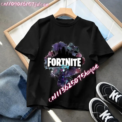 Fortnites Kids Black Cotton T Shirt Fortress Night Baby Short Sleeve Tees Shirt Cartoon Boy Girl Summer Clothes Kawaii Tops Gift