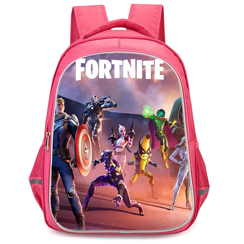 Mochila Fortnite Cartoon vermelha de 16" unissexo com fecho duplo, grande capacidade, mochila escolar para crianças, meninos e meninas dos 5 aos 8 anos