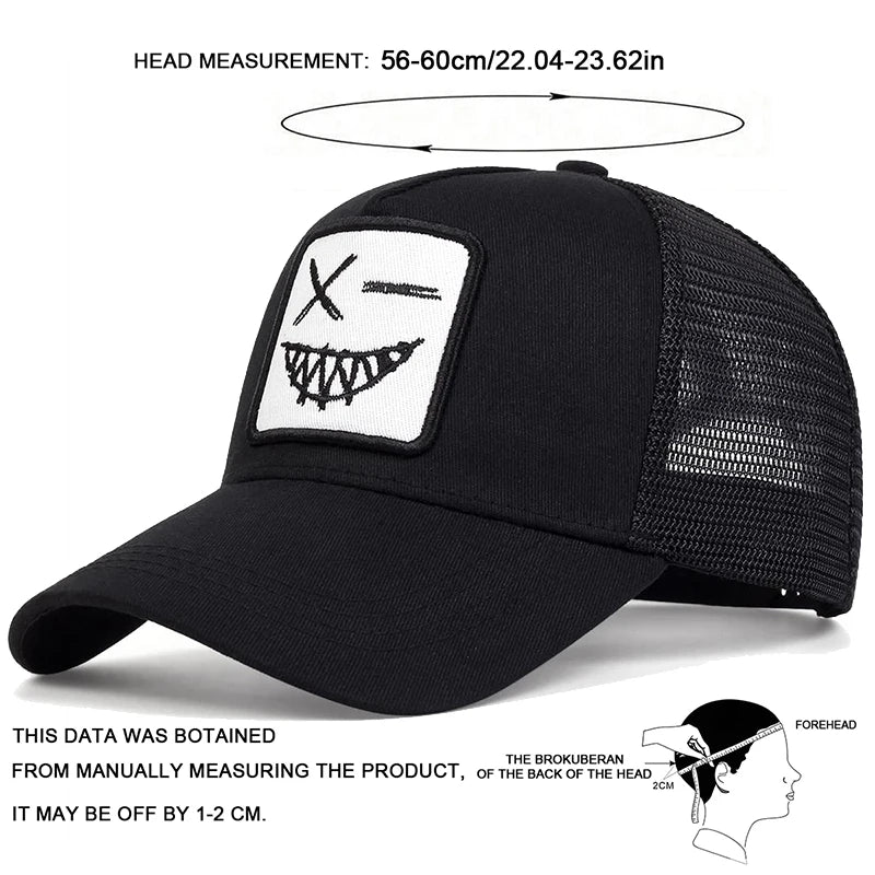 Czapki z daszkiem typu „trucker” unisex z haftem przedstawiającym uśmiechniętą twarz z zębami, z siateczką baseballową, na wiosnę i lato, chroniące przed słońcem, z regulowanym paskiem, na co dzień