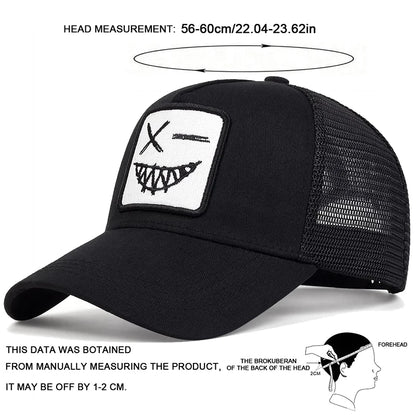 Czapki z daszkiem typu „trucker” unisex z haftem przedstawiającym uśmiechniętą twarz z zębami, z siateczką baseballową, na wiosnę i lato, chroniące przed słońcem, z regulowanym paskiem, na co dzień