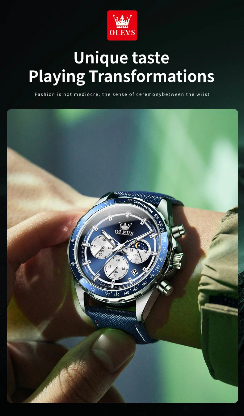OLEVS Men's Watches Fashion Sports Green Watch For Men Multifunctional Quartz Wristwatches Men Waterproof Leather reloj hombre